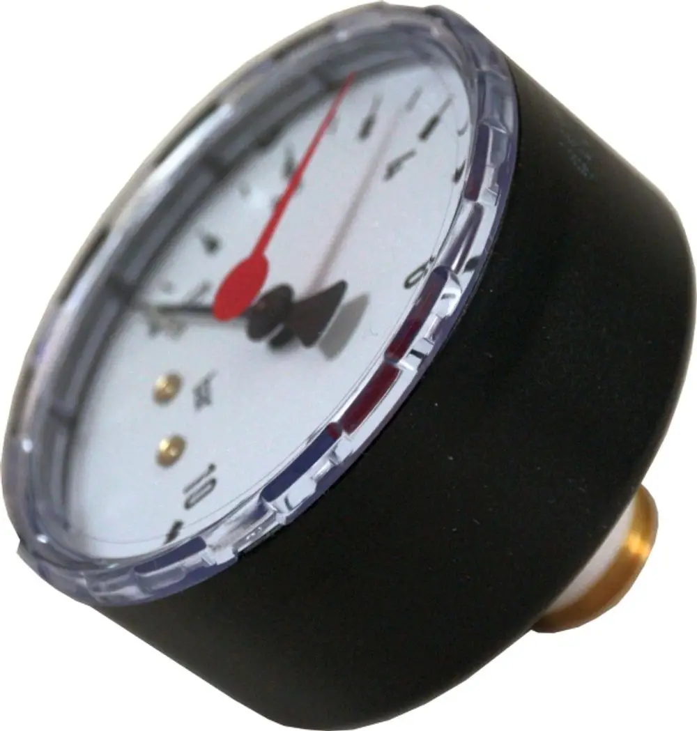 Manometer mit einem runden Ziffernblatt und einer roten Zeigeranzeige. Auf der Vorderseite sind Zahlen bis 10 abgedruckt. Das Gehäuse ist schwarz. Hersteller Wolf.